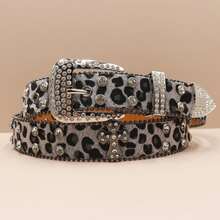 Punk Style Belt With Rhinestones, Leopard Print, And Cross Design; A Rock Fashion Belt For Men And Women. - 灰色 - 查看 1