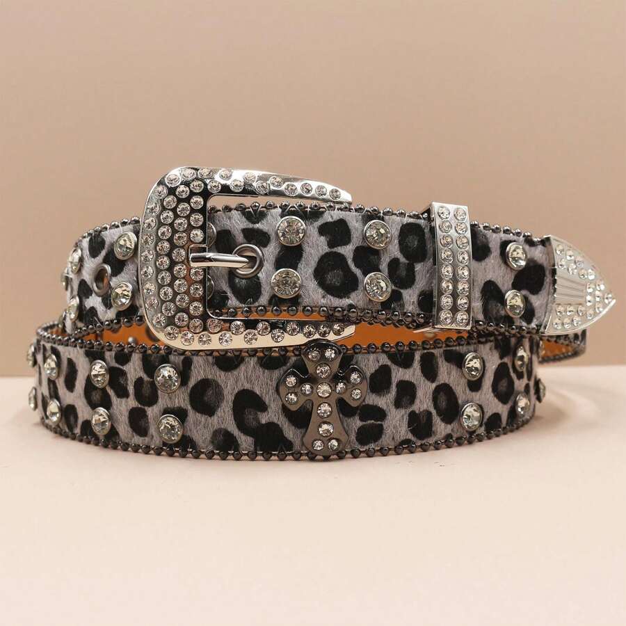 Punk Style Belt With Rhinestones, Leopard Print, And Cross Design; A Rock Fashion Belt For Men And Women. - 灰色 - 查看 1