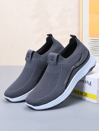 Men's Slip-On Casual Sneakers, Soft Sole, Non-Slip, Comfortable, Versatile, Lightweight, Breathable, Suitable For Outdoor, Spring/Summer, Black Knit Upper, Casual Running Shoes