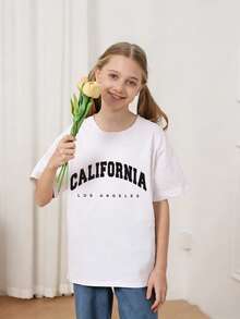 Tween Girl Casual Funny Print Crew Neck Short Sleeve T-Shirt, Summer Top - White - View 1