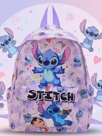 Mochila con estampado de dibujos animados de Disney Lilo y Stitch - Mochila de gran capacidad y estilo morado, adecuada para salidas diarias y la escuela - Mochila de uso diario con estampado integral, bolsillo delantero con cremallera y bolsillos laterales - Ligera y casual, adecuada para adolescentes y adultos - Mercancía oficial de Disney