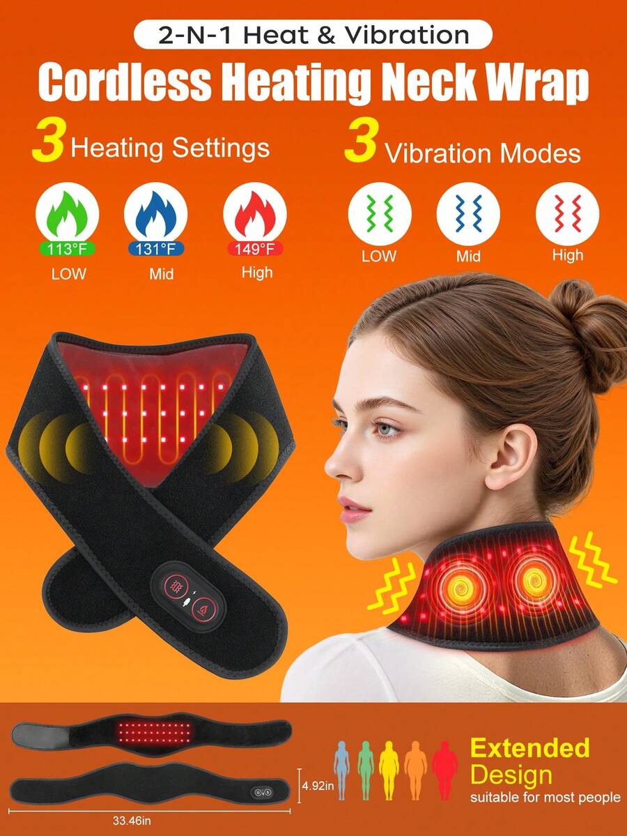 Wireless Neck Heating Massage Pad, Neck Massager With Heating Function, 3-Gear Heating Massage, Electric Neck Heating Pad To Relieve Pain, Heating Neck Brace With 660nm/850nm Red Light Therapy To Relieve Soreness And Stiffness, Vibrating Neck Massage Belt, Suitable For Waist, Back And Shoulder Heating - Multicolor - View 1