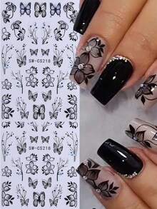 2PCS Black Flower Vine Designs Nail Stickers DIY Elegant Floral Butterfly Acrylic Nail Art Designs Self Adhesive Decals Manicure Nail Art Decoration Accessories For Women Girl - 黑色 - 查看 11