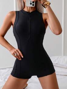 Women's Sleeveless High Neck Zipper Knitted Short Romper Casual High Stretch One-Piece Playsuit - 黑色 - 查看 10