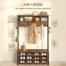HaluPeit Coat Rack With Shoe Storage, Hall Tree With Bench For Hallway, 14 Open Compartments, Coat Stand With Adjustable Shelves, 13 Hooks, Top Storage For Living Room, Entrence - 復古棕黑色 - 查看 3