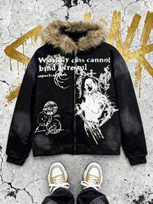 Mens 3D Graphic Zip Hoodie With Faux Fur Trim Oversized Gothic Streetwear Jacket Vintage Print Pullover For Casual - màu đen - Xem 5