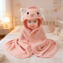 1条柔软吸水婴儿连帽浴巾，可爱动物图案，透气涤纶材质，适合儿童洗澡和裹身。