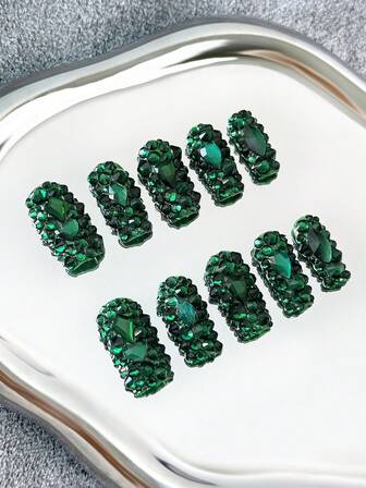 Uñas postizas cuadradas estilo Y2K hechas a mano con puntas transparentes, piedras verdes y diseños 3D brillantes de cobertura total - Uñas artificiales de purpurina DIY de cobertura completa, uñas postizas para fiestas, exteriores, playa, diario, vacaciones, reuniones, trabajo y eventos especiales - 10 piezas/bolsa