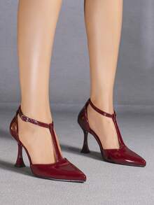 女士酒红色尖头T字带性感细高跟凉鞋，休闲百搭穆勒鞋 - 酒紅色 - 查看 2
