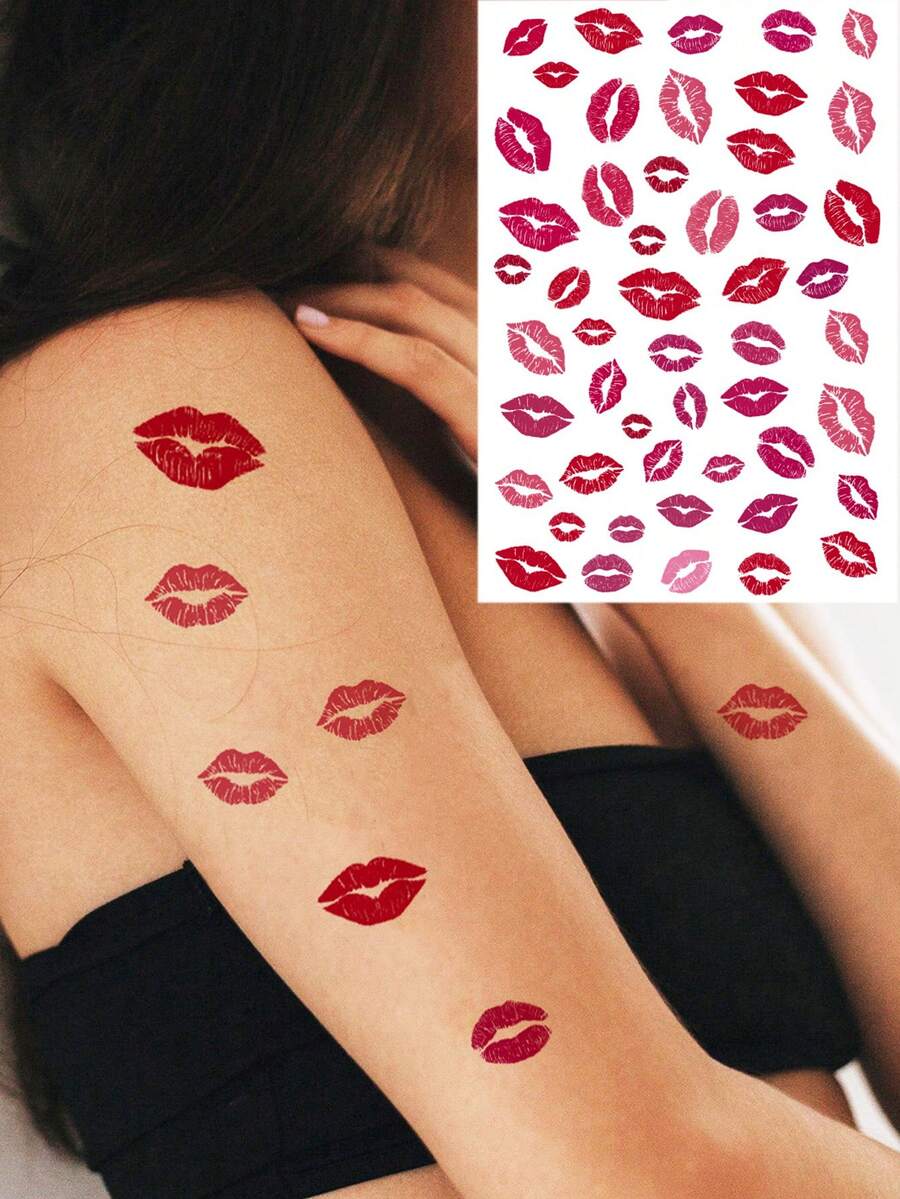 1pc Waterproof Lip Shaped Tattoo Sticker, Unisex, Disposable Red Lips Temporary Tattoo, Suitable For Valentine's Day, Anniversary, Date, Can Be Used For Face, Hand, Neck And Body Decoration, Realistic Tattoo - Red - View 1
