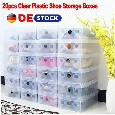 Schuhkartons, 20er-Pack, transparente Schuhkartons, faltbare Schuhaufbewahrungsboxen aus Kunststoff, stapelbare Schuhkartons, Schuhaufbewahrungsboxen für Damen und Herren, Sportschuhe, Stiefel, Sandalen (28 x 18 x 9,5 cm)