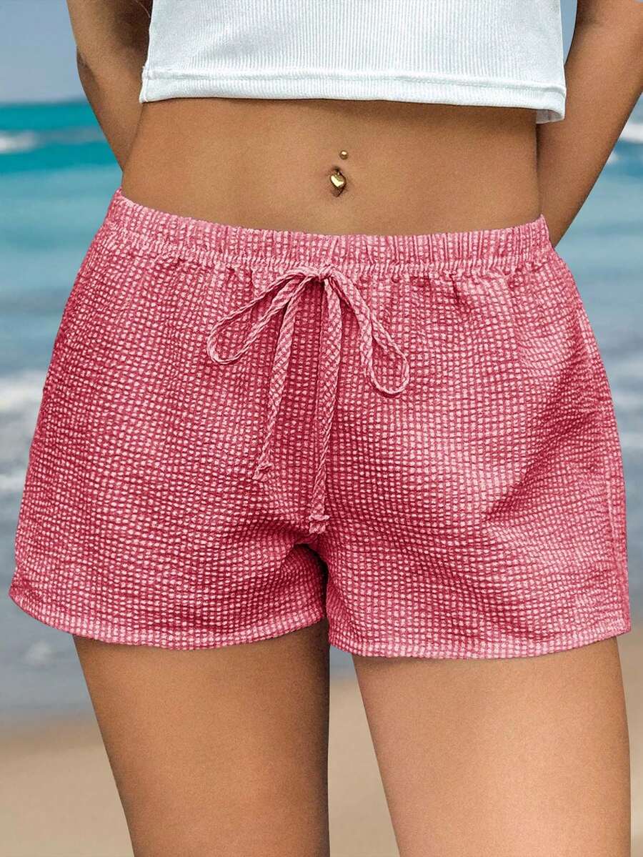 女士Y2K风格条纹打结短裤，红色街头风长裤，适合夏季假期工作通勤、休闲居家及日常穿着 - 紅色 - 查看 1