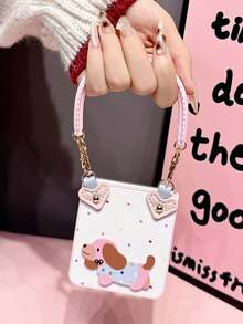 1pc Fashionable Minimalist Pink Polka Dot Puppy Element Foldable Phone Case With Matching Wrist Strap, Protective And Anti-Drop, Compatible With Samsung Galaxy Zflip 3/Zflip 4/Zflip 5/Zflip 6/Zflip 7/ Razr 50 Ultra/ Razr 60 Ultra/ Razr 60/ Razr 50/Galaxy Z Flip7 FE - White - View 9