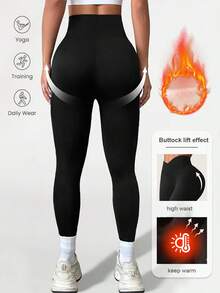 Thick Soft Criss-Cross Waist Black Slimming Warm Fleece Pants, Slimming Soft Pants For Sports, Running, Yoga, Women, Winter Warm V-Shaped Waist Slimming Yoga Leggings, Suitable For Cold Winter, Applicable To Snow Cold - Black - View 4