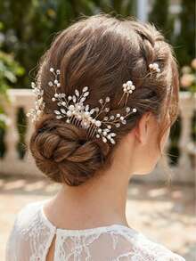 4件套优雅珍珠水钻装饰发梳发夹套装，金叶设计新娘发饰，适用于婚礼、派对、情人节等场合