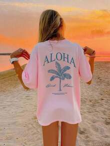 2026 Summer Shirts Women's New Palm Tree Slogan Print Casual Round Neck Short Sleeve T-Shirt, Fashionable Resort Style, Your Daily Essential Item. Gr - 粉色 - 查看 5