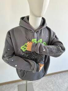 Men's Oversized Hip Hop Spider Web Pattern Graphic Alphabet Print Harajuku Vintage Hoodie Long Sleeve Street Wear Top For Both Men And Women Big Size Hoodies - Xám - Xem 3