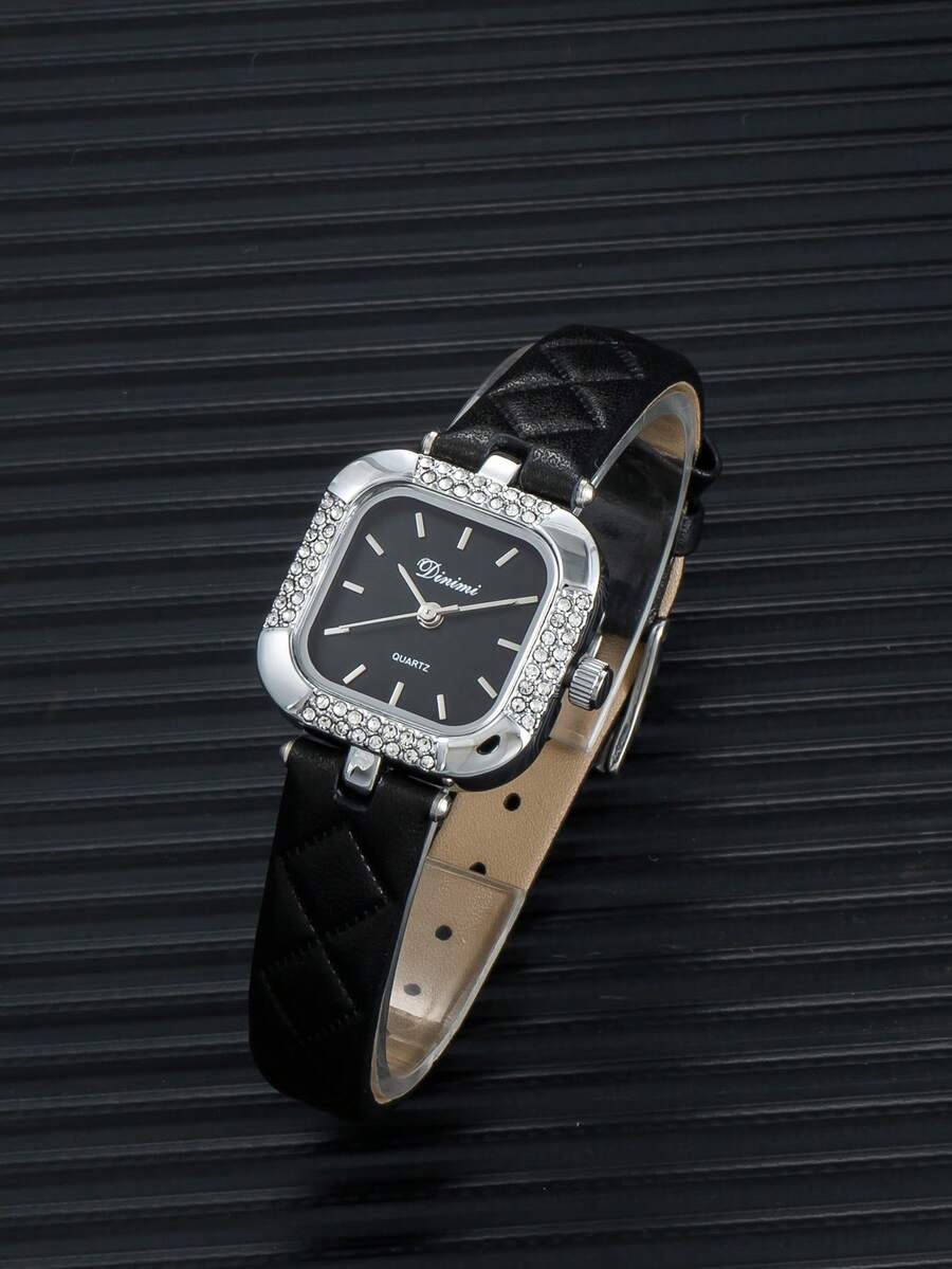 1 件女士手表，方形水晶表盘，菱形图案表带，适合日常佩戴 - 黑色 - 查看 1