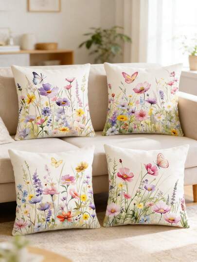 4 st örngott med vårblommor och fjärilar, 45*45 cm kuddfodral, kuddfodral, bröllopsdekor, brudgumspresenter, födelsedagsfestdekor, vårheminredning, babyshowerdekorationer, sovrumstillbehör, kontorsstolstillbehör, rumsdekorationer, vårfestpresenter, vårdekorationer, högtidsfesttillbehör