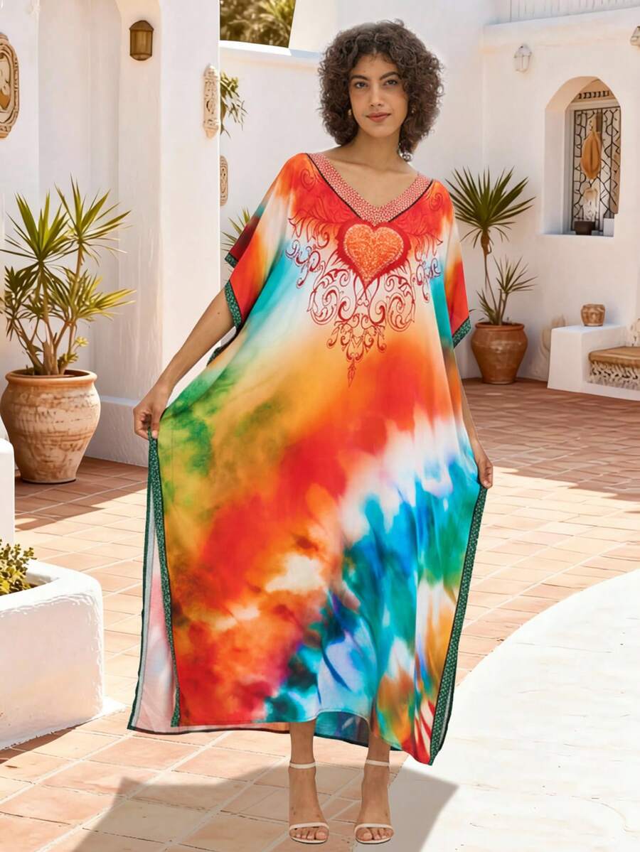 Chic Womens Bohemian Kaftan Dress Plus Size Tie Dye Kimono Style Maxi Loungewear Loose Fit V Neck Beach Cover Up Elegant Print Vacation Beachwear Swimsuit Cover Up Robe - Multicolor - View 1