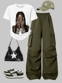 Girls Cartoon Print Short Sleeve Top And Pants Set - Army Green - View 1
