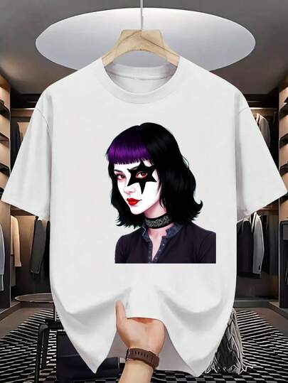 Camiseta de Algodón 100% para Hombre - Manga Corta, Cuello Redondo, Estampado Digital, Cómoda para Todas las Estaciones, Lavable a Máquina, Ideal para Salidas Diarias, Cuello Redondo, Diseño Circular, Camiseta Casual de Verano T-shirt Anime-style illustration of a young boy with glasses white hair and a subtle smile featuring Japanese