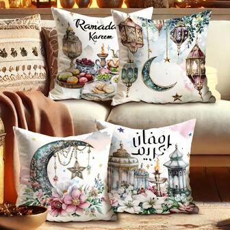 4pcs Ramadan Vintage Moon, Floral & Leaf Print Throw Pillow Covers, Soft & Comfortable Polyester Cushion Covers, 45x45cm (17.72x17.72inch), Zippered, Machine Washable, Suitable For Home Decor, Living Room, Bedroom, Porch, Garden, Hotel, Outdoor (Cushion Covers Only - Insert Not Included)