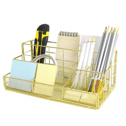 1 PC Desk Document Storage Box Iron Stationery Storage Rack Office File Holder Modern Design(Yellow&Champagne Gold)