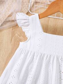 Young Girl Summer Casual Solid Color Square Neck Cap Sleeve Hollow Out Patchwork Fashion Dress - White - View 5