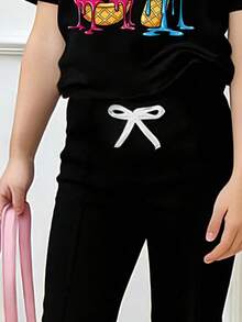 女童数字印花短袖T恤和修身喇叭裤 - 黑色 - 查看 4