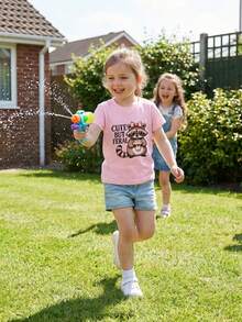 Camisetas de niña pequeña de manga corta con cuello redondo, letras lindas y estampado de oso, tops casuales de verano - Rosa - Ver 7