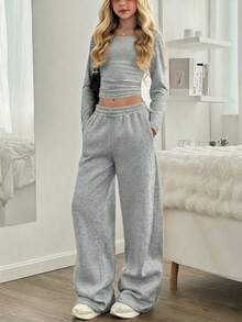 Tween Girl Casual Pleated Round Neck Solid Color Cropped Top And Wide Leg Pants Elegant Set, Size Runs Small - Grey - View 9