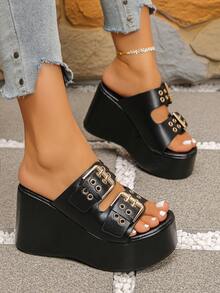 1 Pair Fashionable Solid Color PU Leather Platform Sandals, Suitable For Beach, Outdoor, Spring & Autumn - Black - View 3