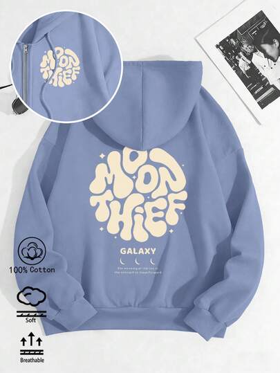 Felpa con cappuccio in 100% cotone da donna con stampa carina di ladro di luna e galassia - comoda e casual per primavera e autunno, ecologica e versatile per uso quotidiano