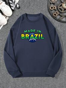Men's Casual Crew Neck Sweatshirt With MADE IN BRAZIL Pattern - Navy Blue - View 1