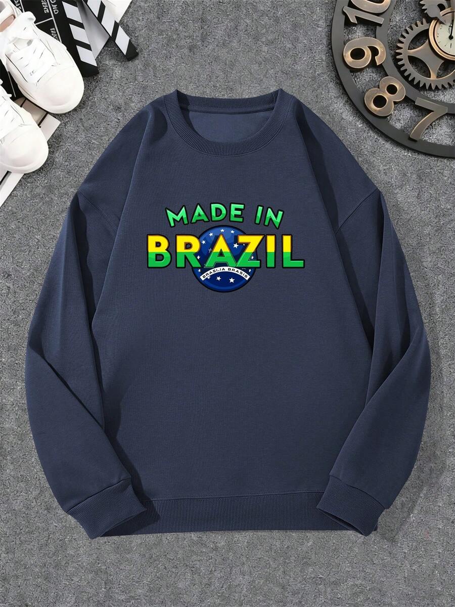 Men's Casual Crew Neck Sweatshirt With MADE IN BRAZIL Pattern - Navy Blue - View 1