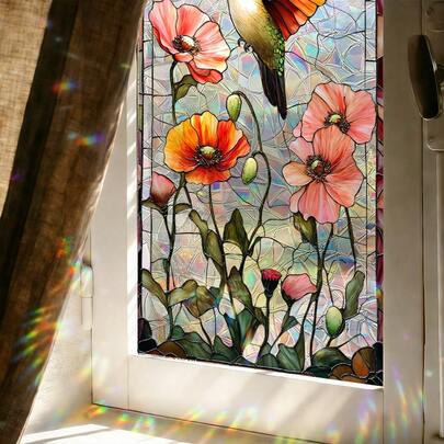 1 pieza Película decorativa de ventana con estática de pájaros y mariposas de colores, visible por ambos lados, que bloquea la luz solar, reutilizable, adecuada para decoración del hogar/oficina, previene la colisión de aves, decoración de ventanas (45*100cm)