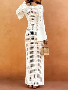女士休闲纯色镂空短袖针织罩衫连衣裙 - 白色 - 查看 3