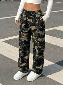 1pc Women's Outdoor Camouflage Cargo Pants, Multi-Pocket Casual Straight Leg Trousers, Y2K Style