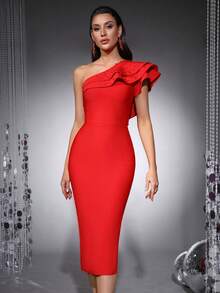 Sexy One-Shoulder Backless Bodycon Dress Multi-Layer Ruffle Beaded Bandage Dress, Cocktail Gown Luxury Celebrity Runway Formal Dress Elegant Asymmetric Backless Slit Party Dress Red New Year Party Dress - Red - View 6