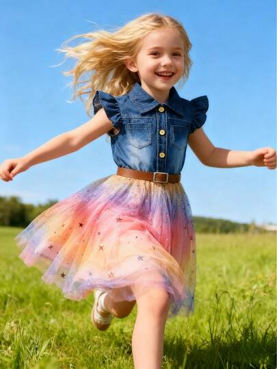 女童时尚拼接牛仔效果连衣裙，夏季设计盖袖翻领腰部中长连衣裙，儿童户外休闲渐变色网眼连衣裙，年轻女孩派对学院风连衣裙（配腰带）