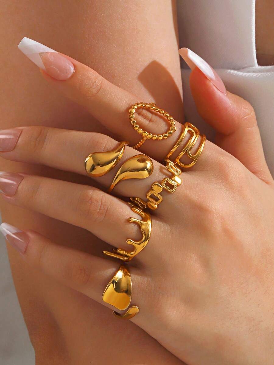 6pcs/Set Stainless Steel 18K Gold Plated Asymmetrical Geometric Open Rings Set, Suitable For Women Everyday, Street, Party Wear - Multicolor - View 1