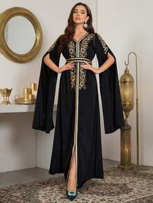 Floral Embroidery V-Neck Maxi Slit Sleeve Dress - Black - View 7