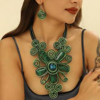 Exaggerated Multi-Layer Handmade Heavy Aluminum Wire Woven Resin Chain Bohemian European And American Middle Eastern European Korean Version Evening Party Holiday Women Resin Artificial Crystal Shape Necklace Earrings