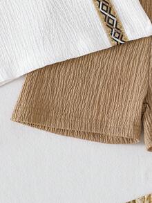 Toddler Boys' Fashion New White Applique Embroidery Top And Solid Brown Shorts, Summer - White - View 7