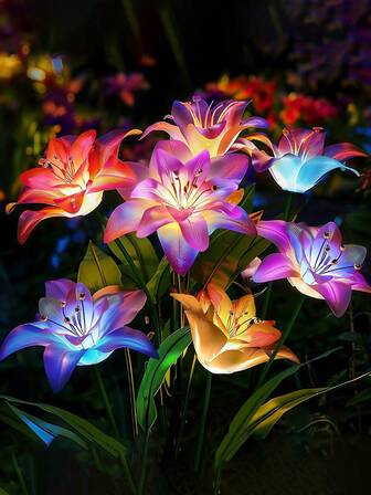 1 pieza Luz en forma de orquídea artificial con energía solar, luz de ambiente exterior que brilla en 7 colores, adecuada para decoración de jardín y patio