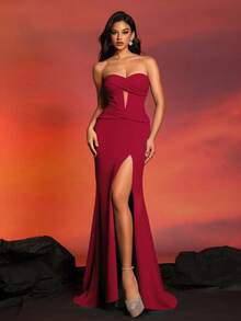 Đầm dạ hội VIPGIRL màu đỏ rượu vang, xếp ly, cạp cao, xẻ tà, dáng ôm dành cho nữ. - Màu Đỏ Sâu - Xem 1