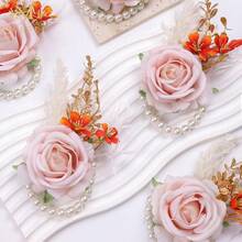 Meldel Pink Velvet Rose Wrist Corsage, Set Of 6, Wedding Bridal Flower Corsage Hand Decor For Prom Party Homecoming, Wristband Flowers Bride, Bridesmaid, Mother Of The Bride Corsage,6pcsPinkWristCorsages - 6個粉紅色手腕花 - 查看 10