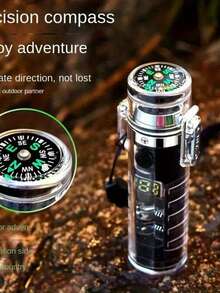 New Stylish Creative LED Display USB Rechargeable Electric Lighter Cool Windproof Dual ARC Plasma Lighters With Compass Strong Light Flashlight For Men And Women Outdoor Camping Hiking Emergency Gadgets Fire Starter - 藍色 - 查看 2