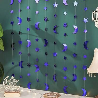 1pc Star & Moon Sequin Streamer Hanging Banner, Ramadan Decoration, Party Backdrop Decor, Birthday, Wedding, Graduation, Holiday Party Supplies, Home & Garden Decor | Crescent Moon & Star Design | Durable Paper Flag
